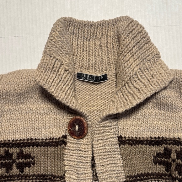 PERUVIAN CONNECTION Cropped Shawl Collar Sweater Beige Brown Aztec Pattern SM - Picture 3 of 10